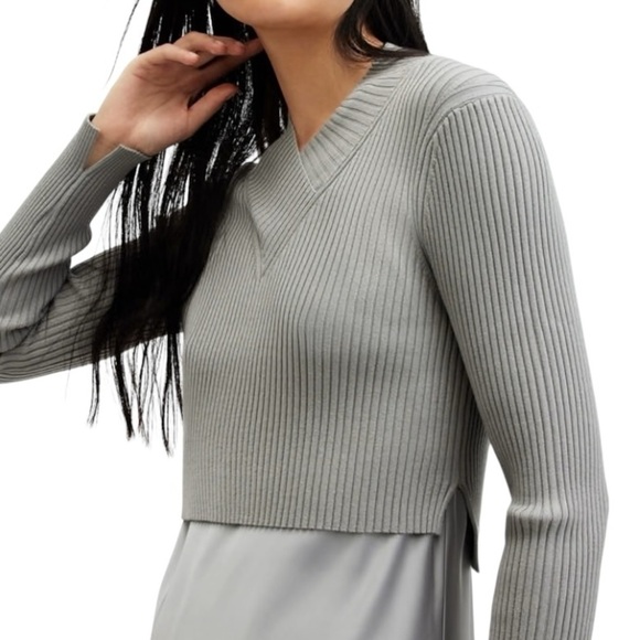 All Saints Hana Gray Ribbed V-Neck Cropped Sweater SZ S - Picture 1 of 12